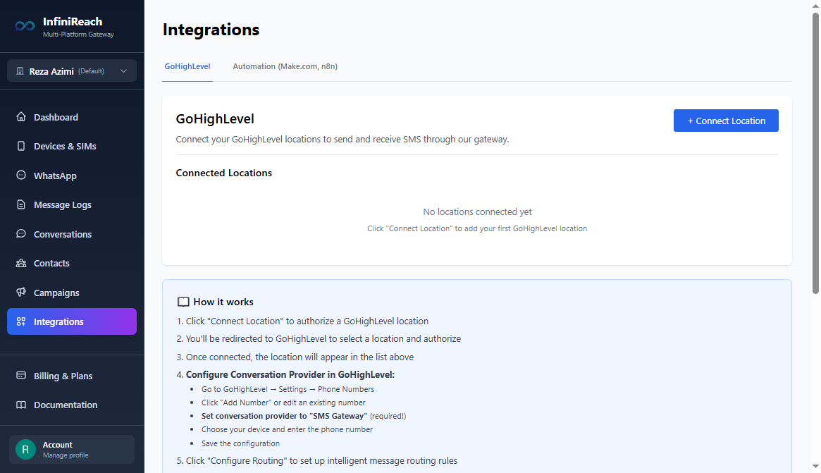 Infini Reach dashboard - Integrations section